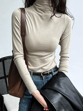 Camisetas ajustadas de manga larga, color liso, con abertura en la costura y cuello alto